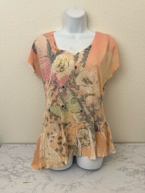 Style & Co Short Sleeve Top Womens S Embellished Floral Pullover Beaded Peach